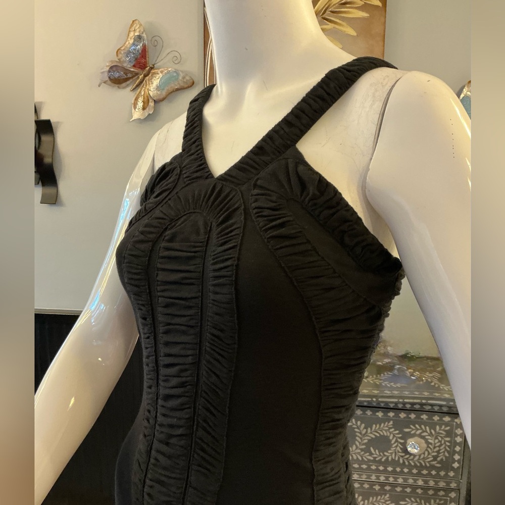 Anthropologie Pure Attitude Dress Midi Black Ruched Bodycon Casual Event SMALL